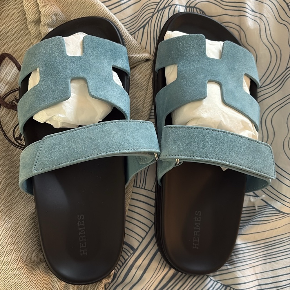 Hermes Chypre Sandals 38.5 Bleu Mineral - Excellent condition, worn 3 times